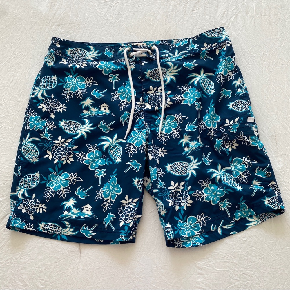 J.crew blue swim trunks floral pineapple cool tropical pattern men’s size 35
